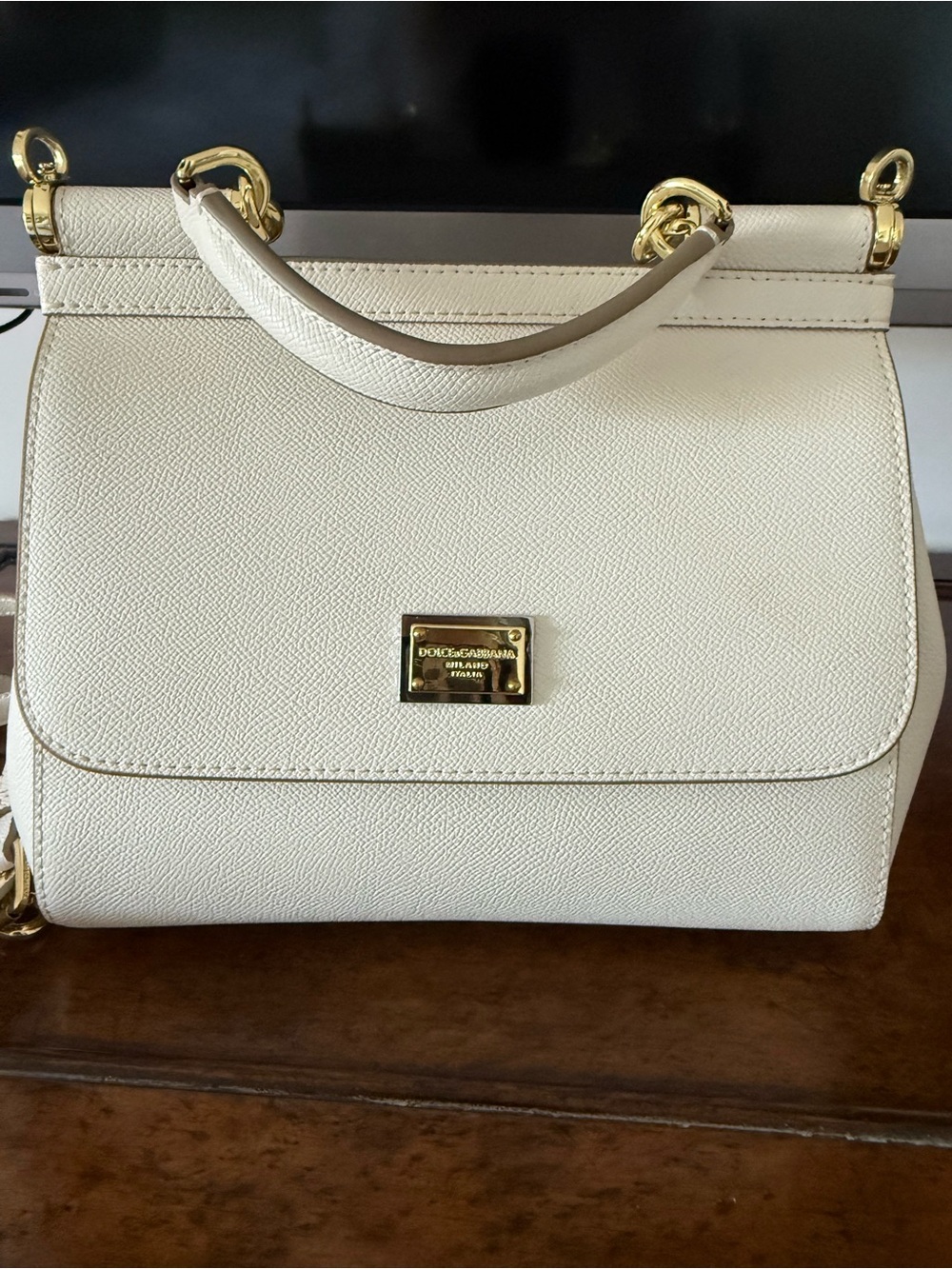 Dolce & Gabbana Cream Structured Top-Handle Satchel with Gold Hardware